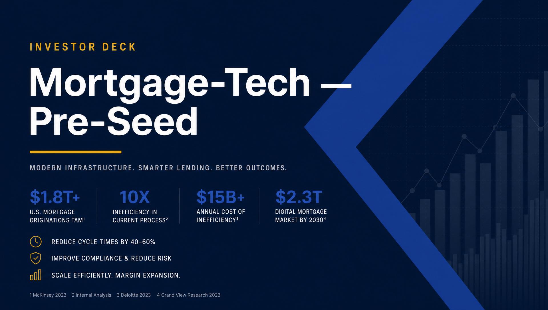 Pre-seed HealthTech pitch deck cover — dark navy investor layout