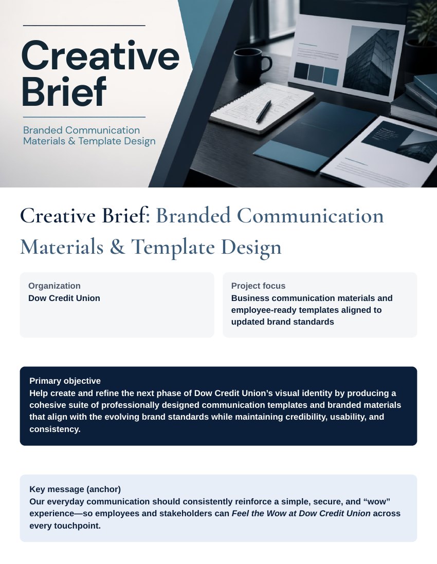 Creative brief cover for Dow Credit Union branded communication materials and template design